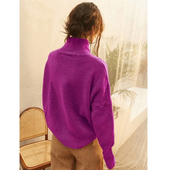 Fuchsia Knit Turtleneck Pullover Sweater Long Sleeve Drop Shoulder - Picture 4 of 14